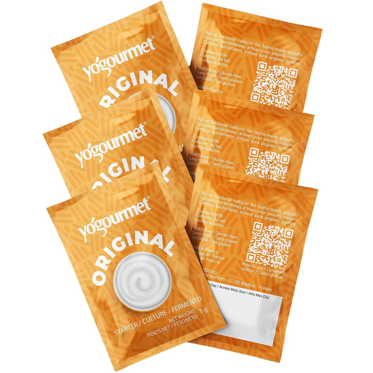 Yogourmet front package showing six sachets and benefits