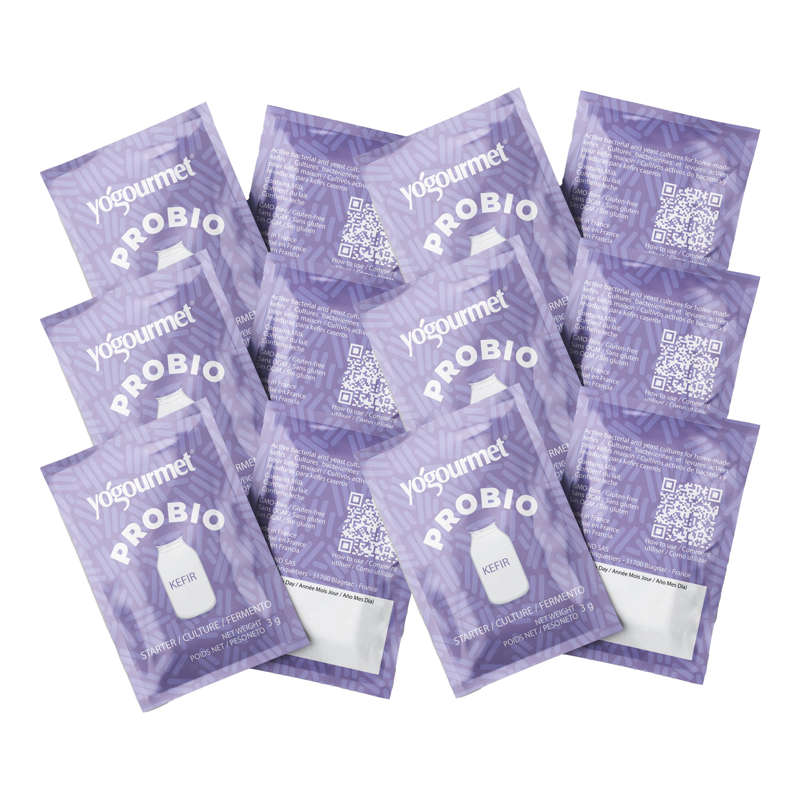 Yogourmet front packaging showing 12 sachets and product benefits