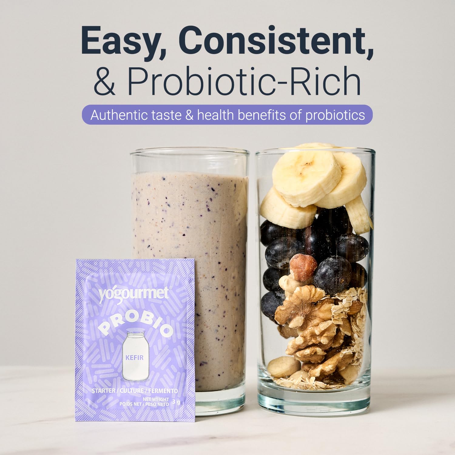 Yogourmet kefir pouring into bowl to show thick texture and serving idea