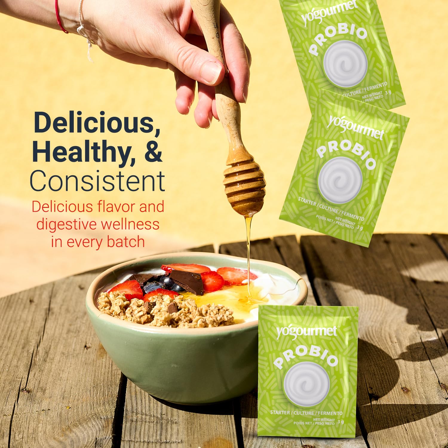 Yogourmet sachet beside measuring cup for scale and practical portioning