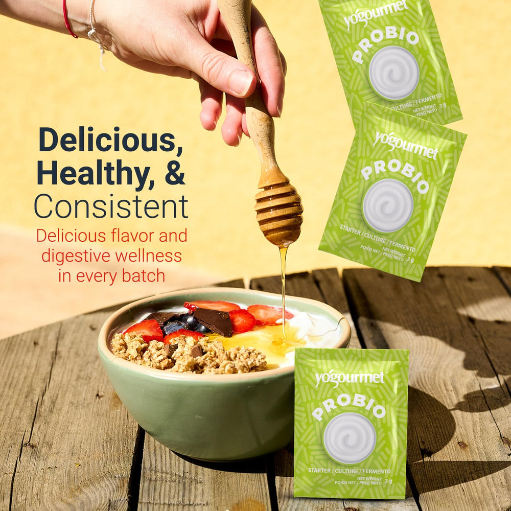 Yogourmet sachet beside measuring cup for scale and practical portioning