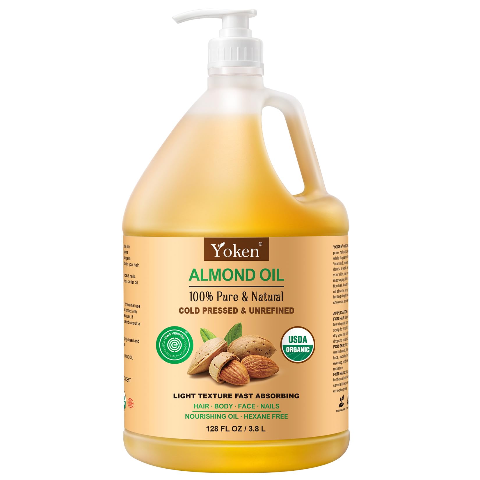 Yoken almond oil front packaging shows gallon container and clean label benefit