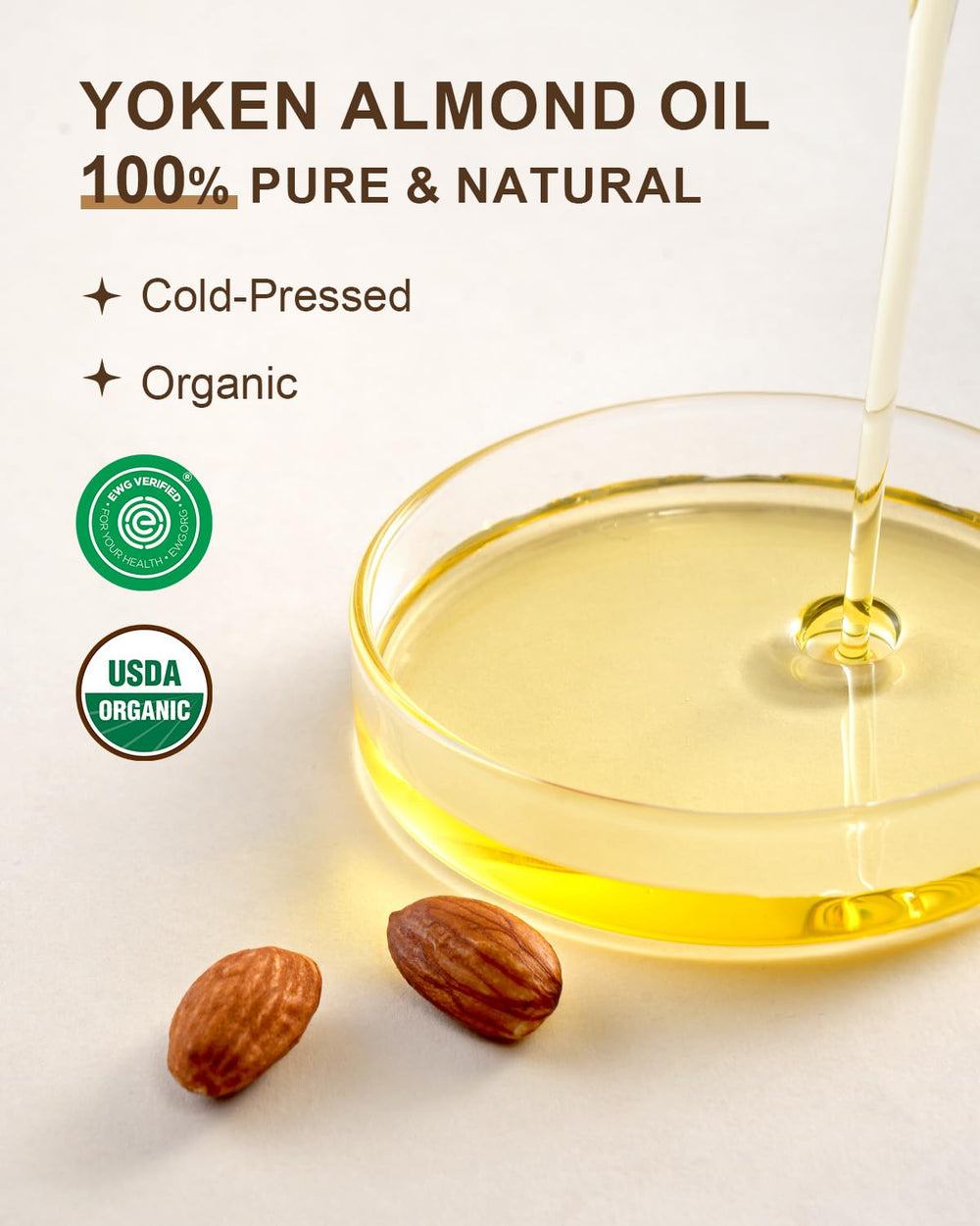Yoken almond oil pouring closeup demonstrates smooth flow for easy application