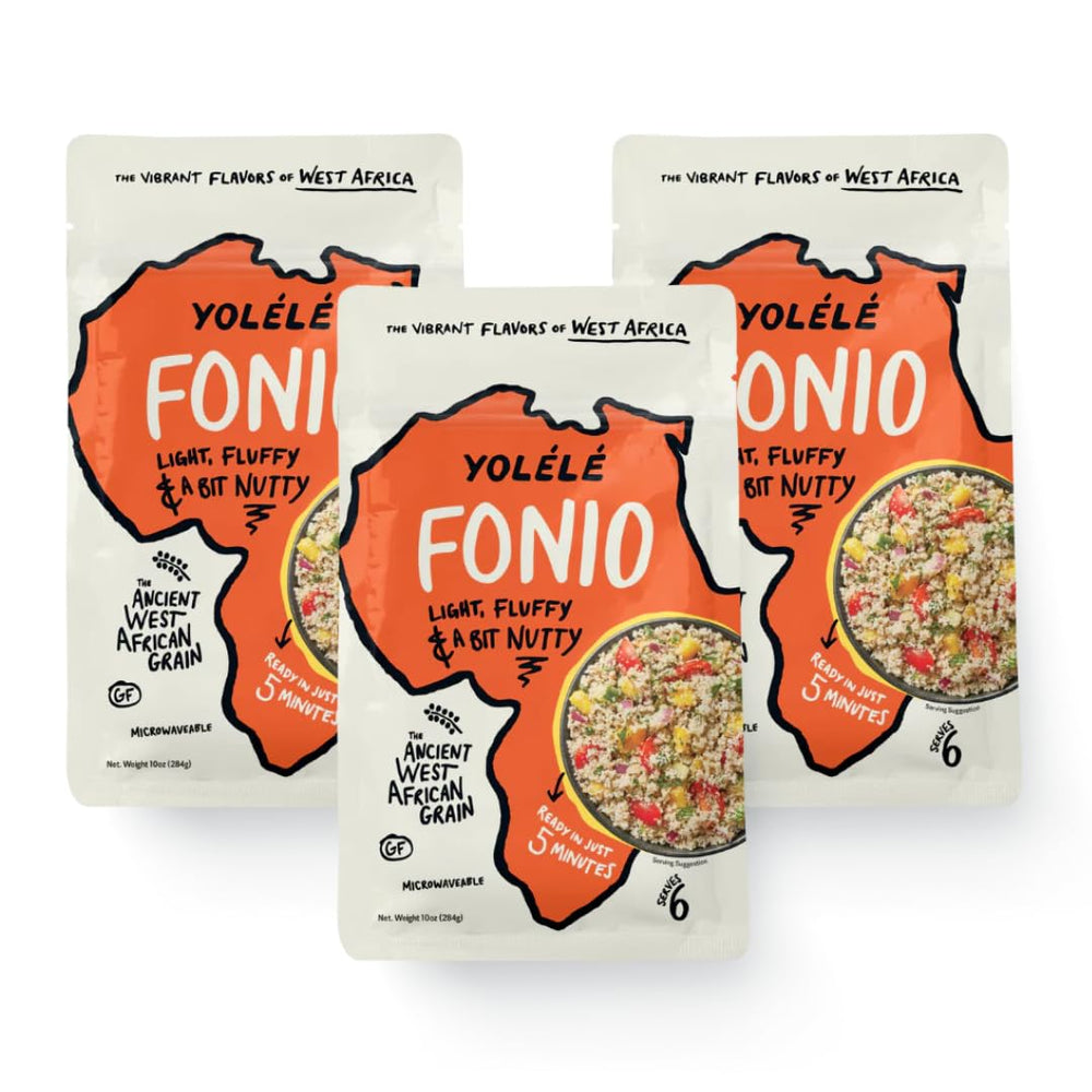 Yolélé front packaging showing three 10 oz bags and product branding benefit quick meals