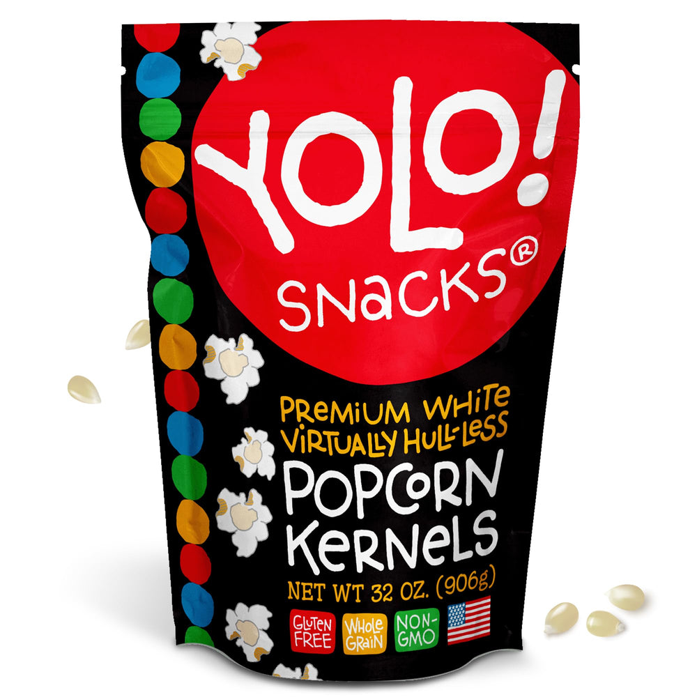 YOLO front packaging showing 32 oz bag and benefits for easy-snacking