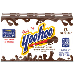 Yoo-hoo cookies and cream pour into glass highlighting smooth texture and sipability