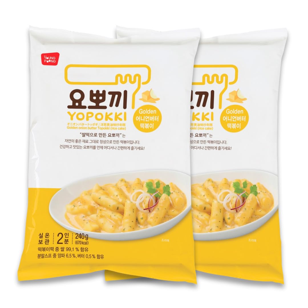 Yopokki front packaging showing Onion Butter flavor and quick meal benefits