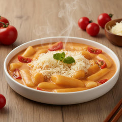 Close-up of Yopokki Rose sauce texture highlighting creamy, saucy coating