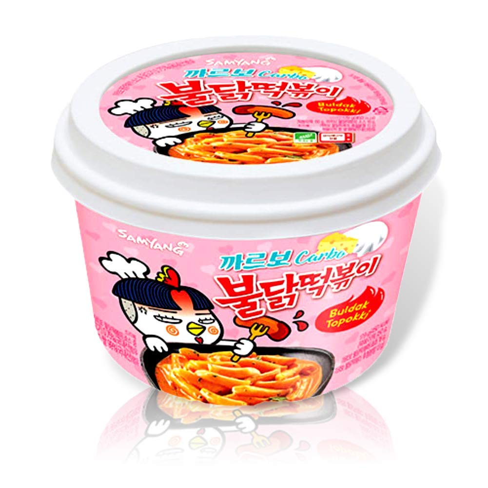 Yopokki Samyang front pack showing spicy carbo topaki, bold flavor ready fast