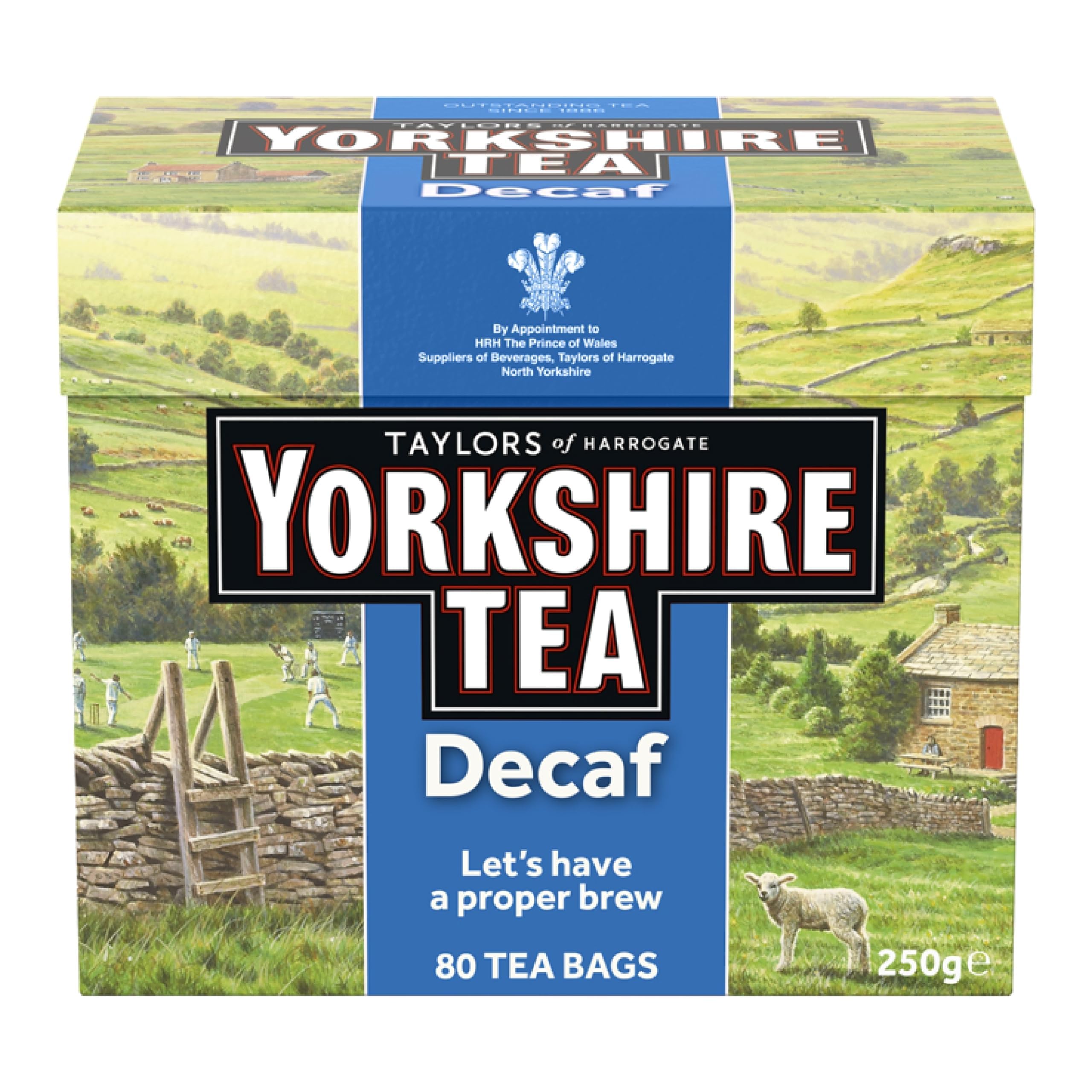 Yorkshire Decaffeinated front packaging showing 80 teabags and bold branding benefit convenience