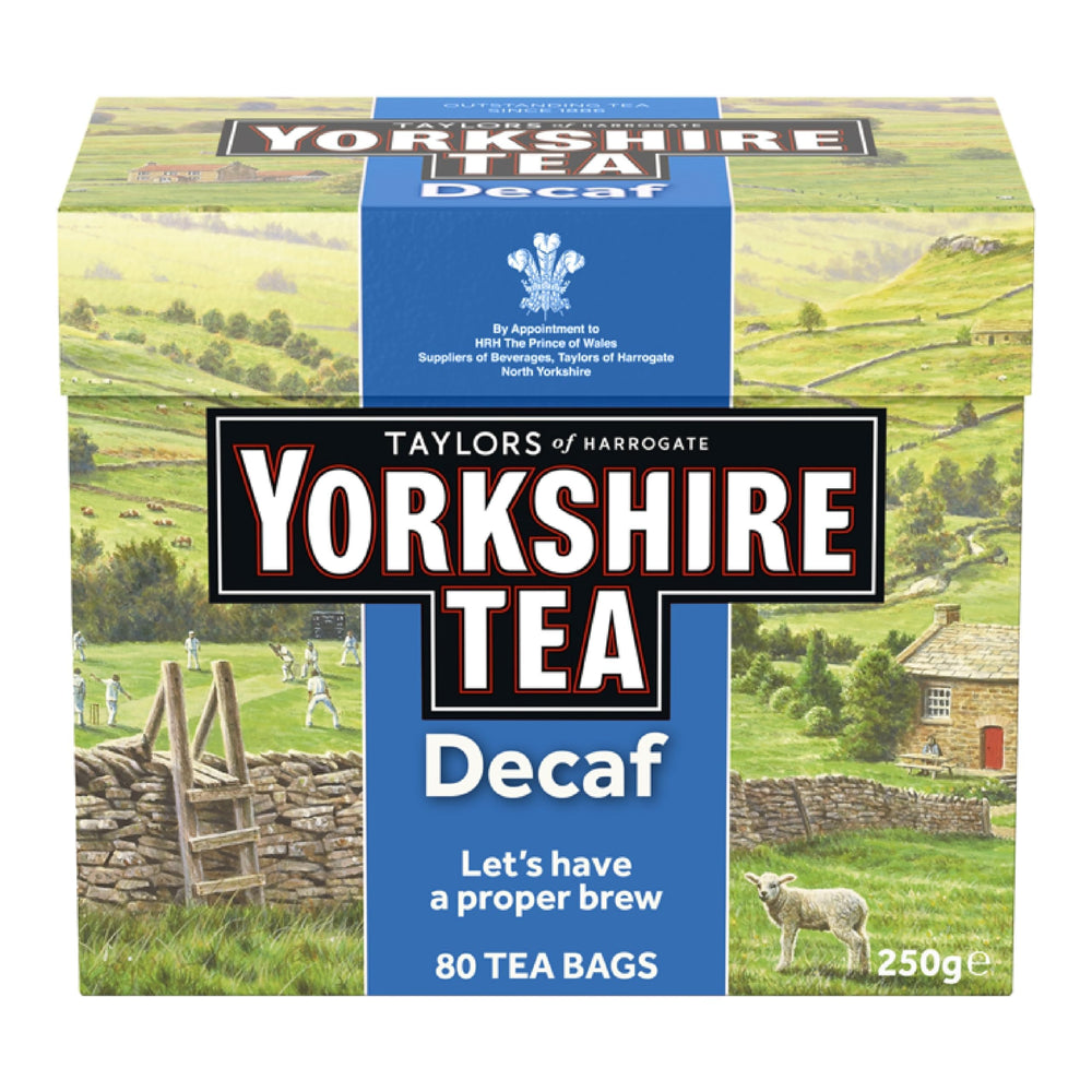 Yorkshire Decaffeinated front packaging showing 80 teabags and bold branding benefit convenience