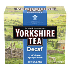 Yorkshire Decaffeinated front packaging showing 80 teabags and bold branding benefit convenience