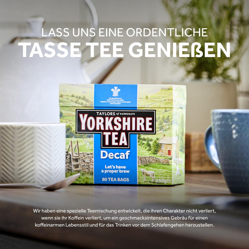 Yorkshire Decaffeinated size comparison with ruler showing 80 teabag pack benefit value