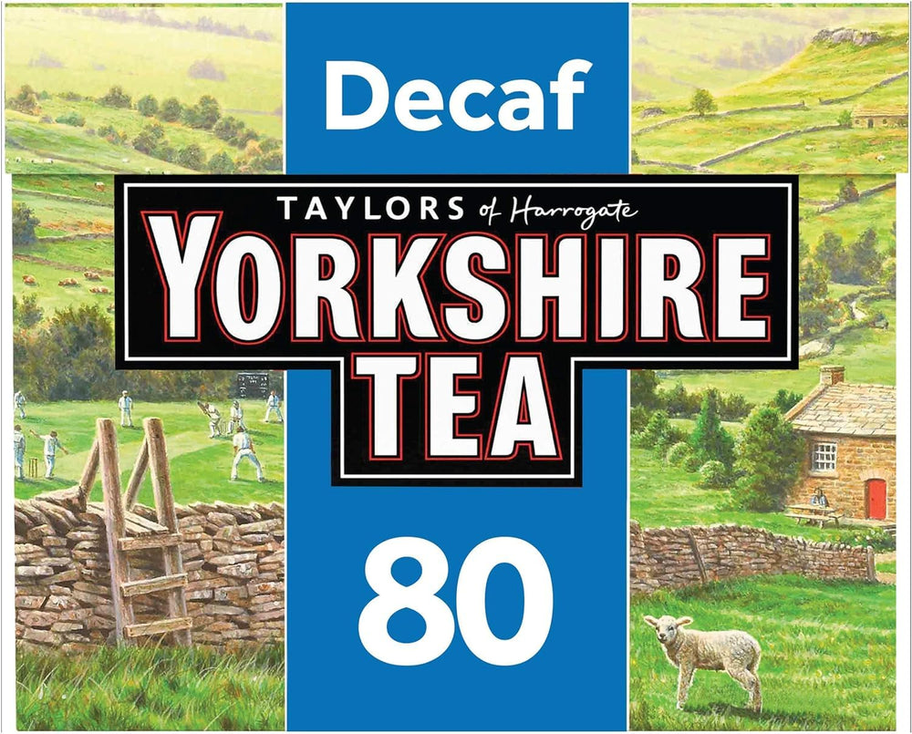 Yorkshire Tea decaf front packaging shows clear branding and easy selection