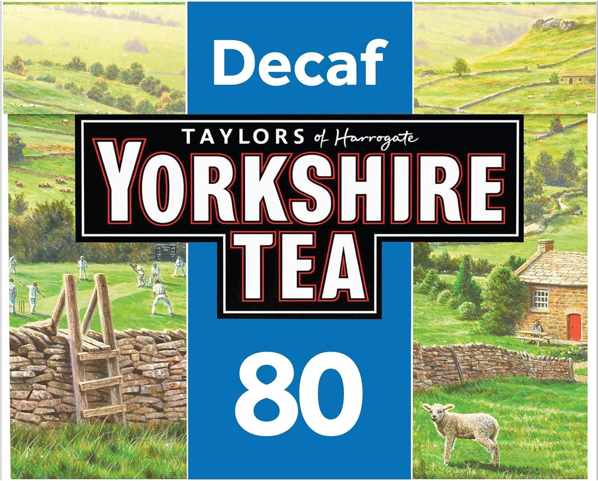Yorkshire Tea decaf front packaging shows clear branding and easy selection
