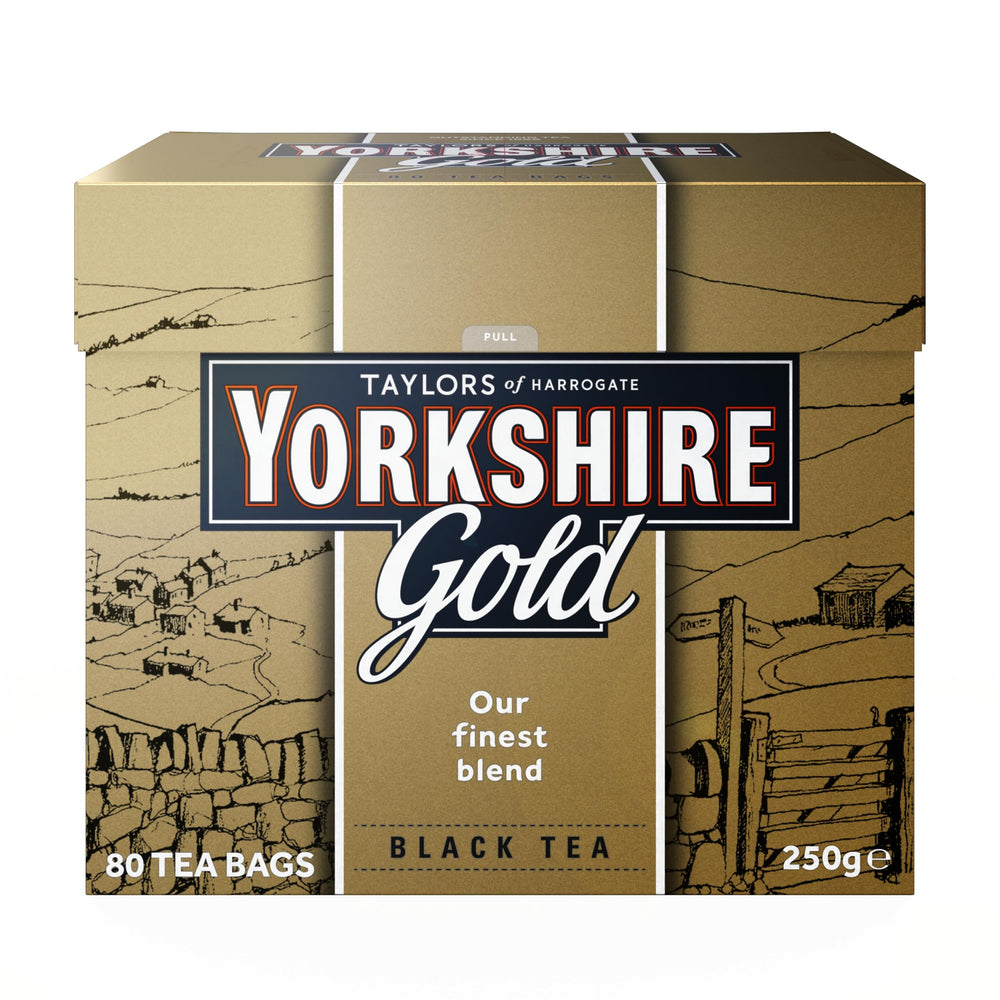 Yorkshire Tea Gold front packaging showing 80‑count box and value pack branding for consistent rich flavor