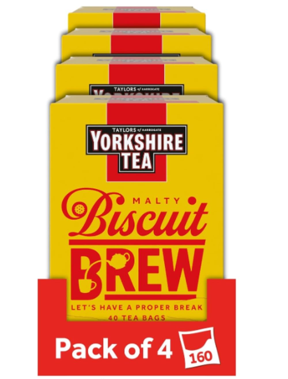 Yorkshire Tea front packaging showing biscuit-flavored black tea and pack details for convenience