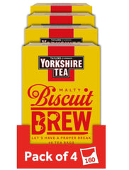 Yorkshire Tea front packaging showing biscuit-flavored black tea and pack details for convenience