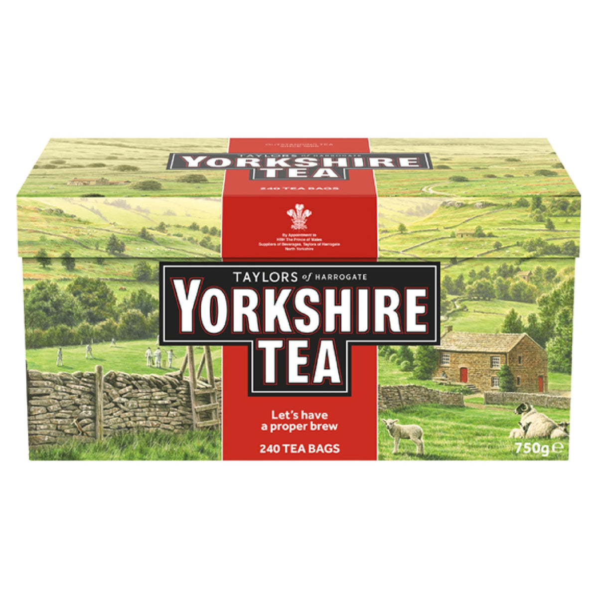Yorkshire Tea front packaging showing 240-count and bold red branding, clear storage benefit