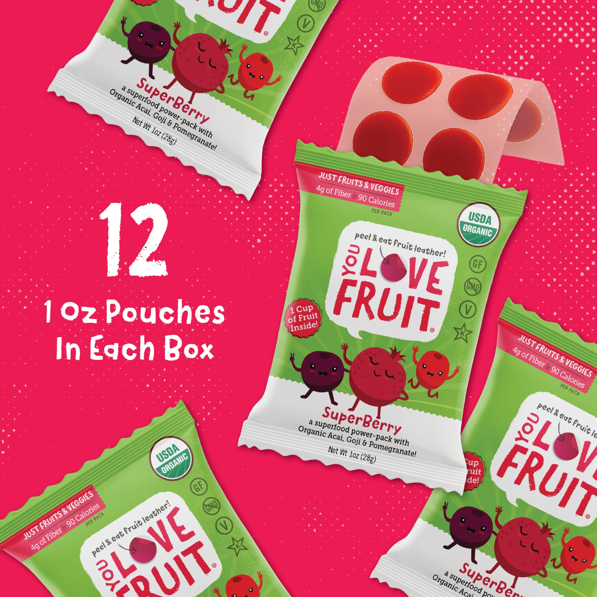 YOU LOVE FRUIT ingredient label photographed to show organic certifications