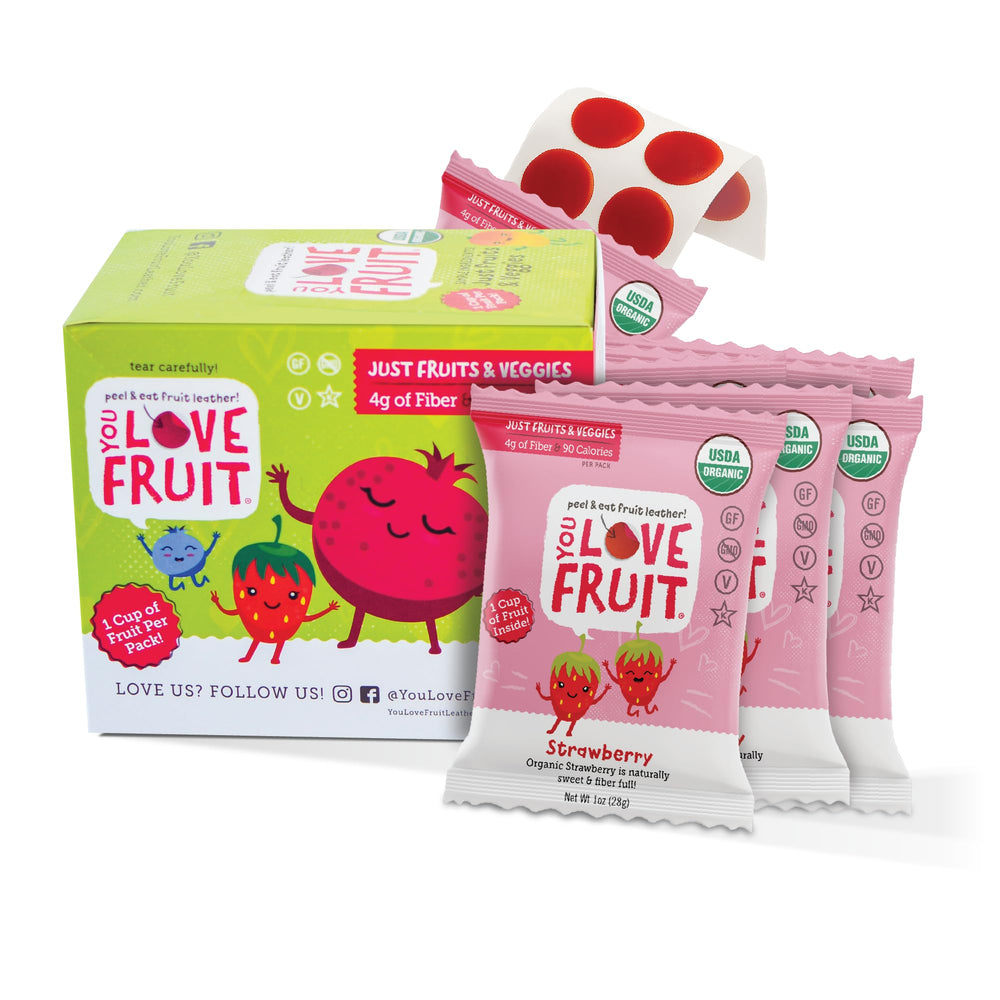 You Love Fruit front packaging showing organic strawberry snack, highlights portability