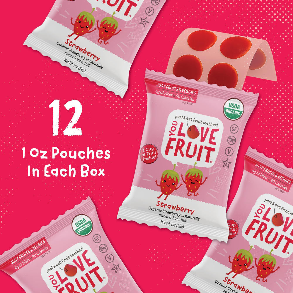 You Love Fruit ingredients display of strawberries and mango, emphasizes real-fruit sourcing