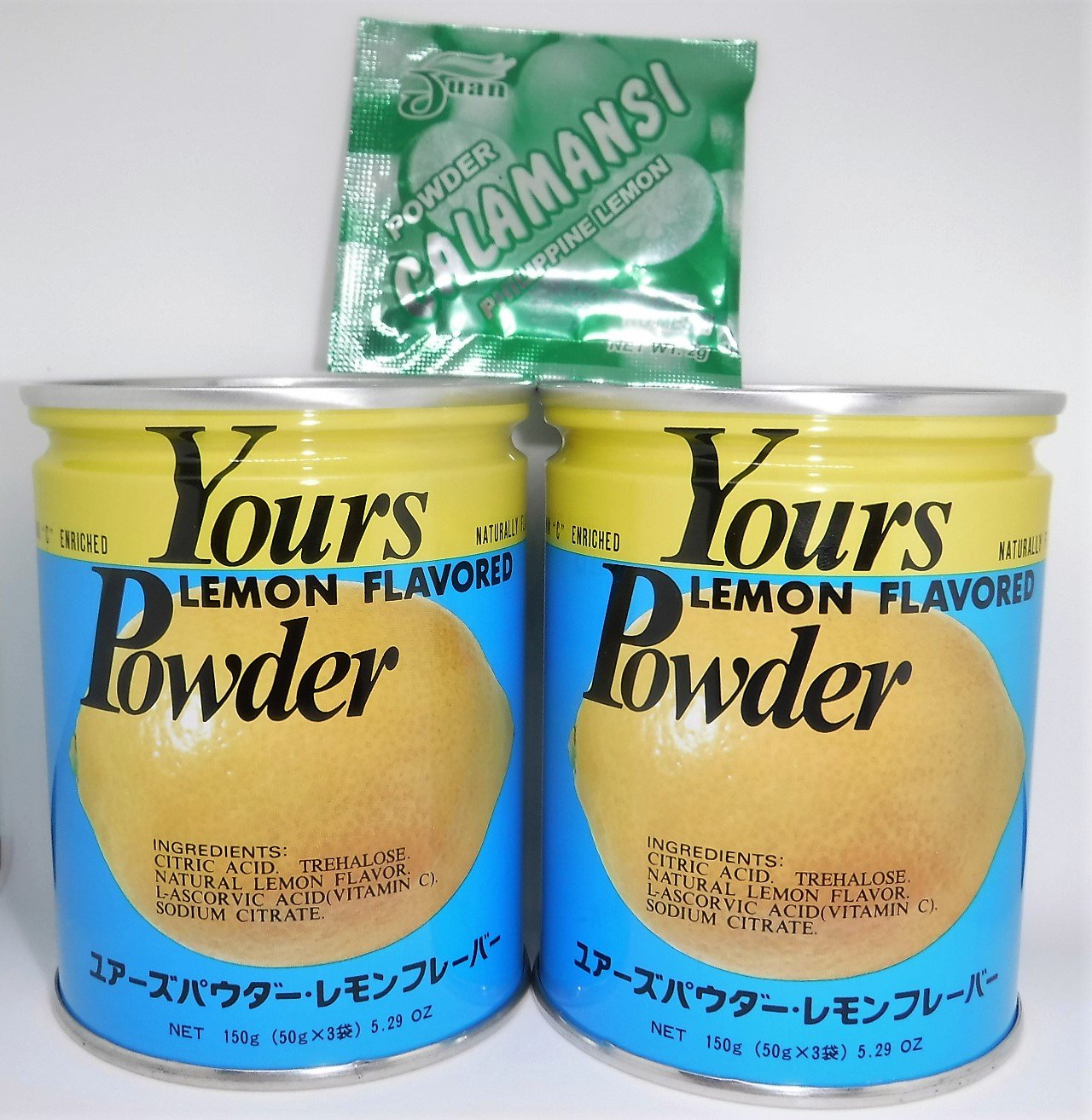 Yours (Japan) front packaging showing two lemon powder cans and benefits