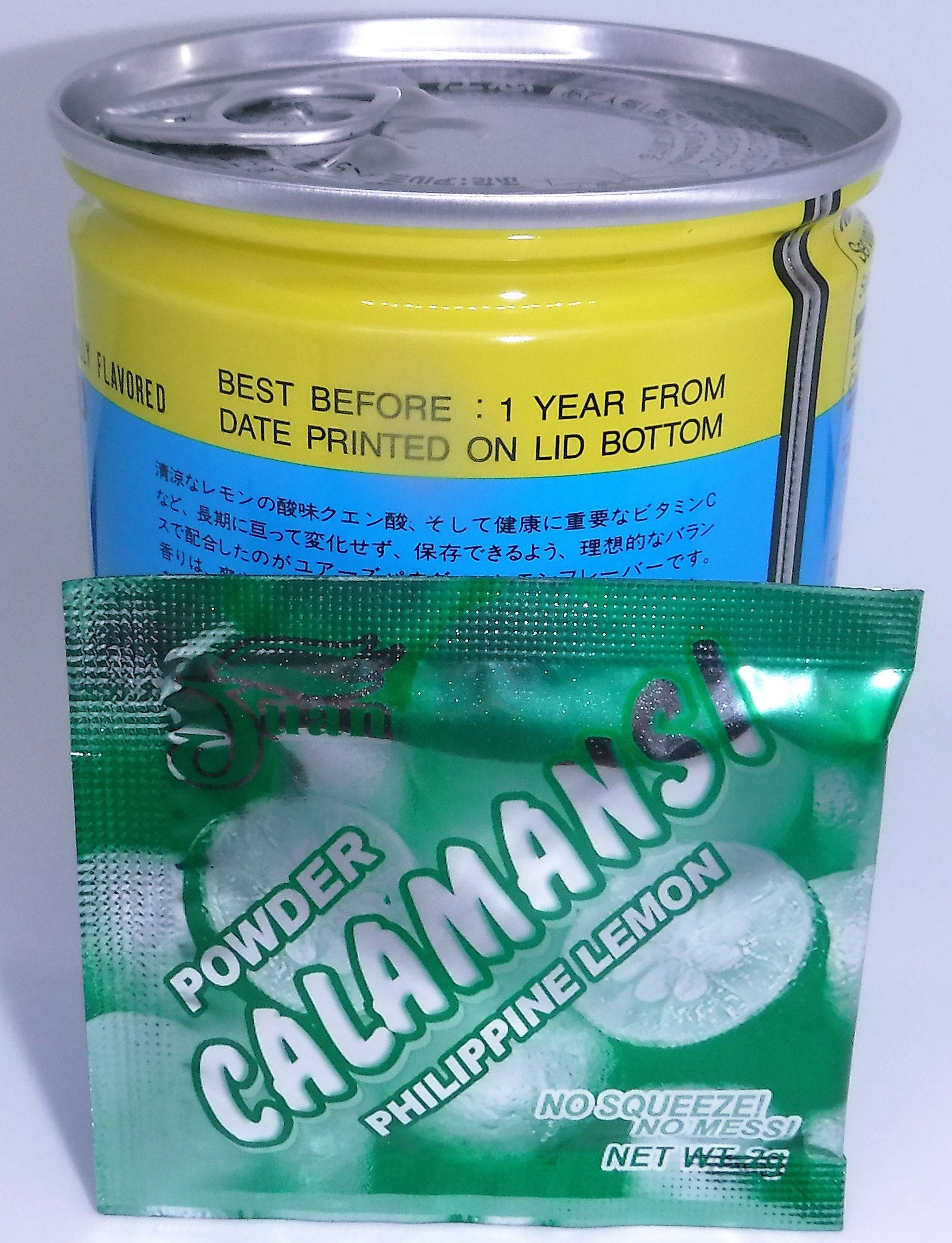 Yours (Japan) open can with three sealed lemon powder packets visible for convenience