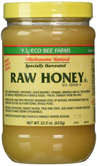 Y.S. Eco Bee Farms jar front showing label and raw honey, ideal for pantry use