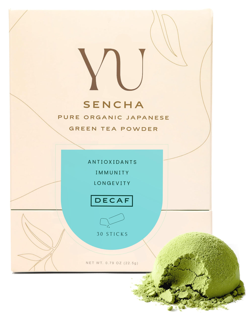 Yu front packaging showing 30 decaf sencha packets and brand clarity benefit