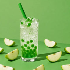 YULU FOODS close-up of translucent green-apple pearls showing juice-filled texture