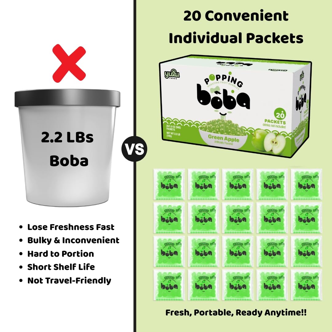 YULU FOODS green-apple boba presented in iced tea for flavor and visual pop