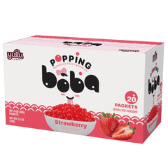 YULU FOODS front packaging showing 20-pack strawberry popping boba, easy topping
