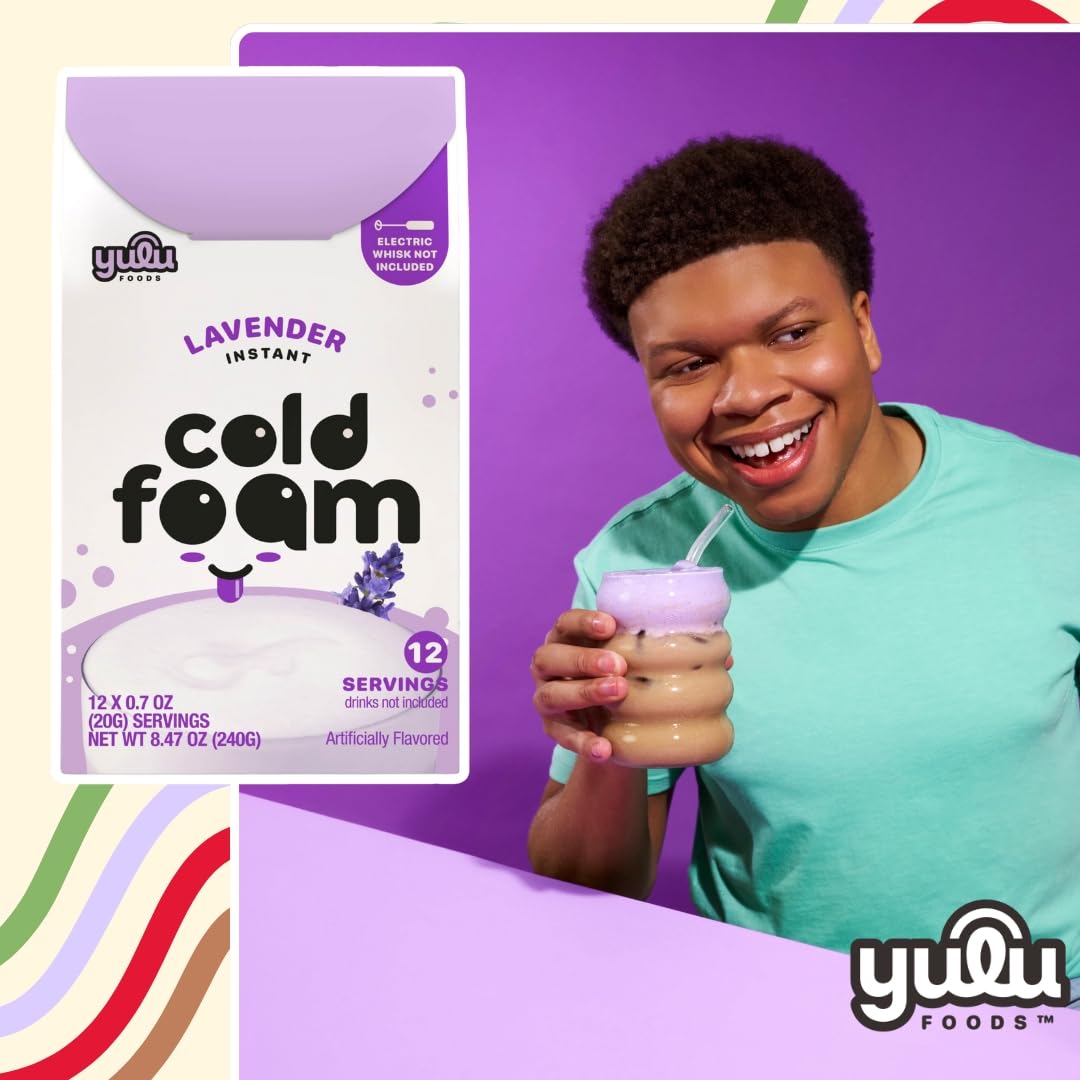 YULU FOODS lavender foam crowning a glass of iced matcha for balance
