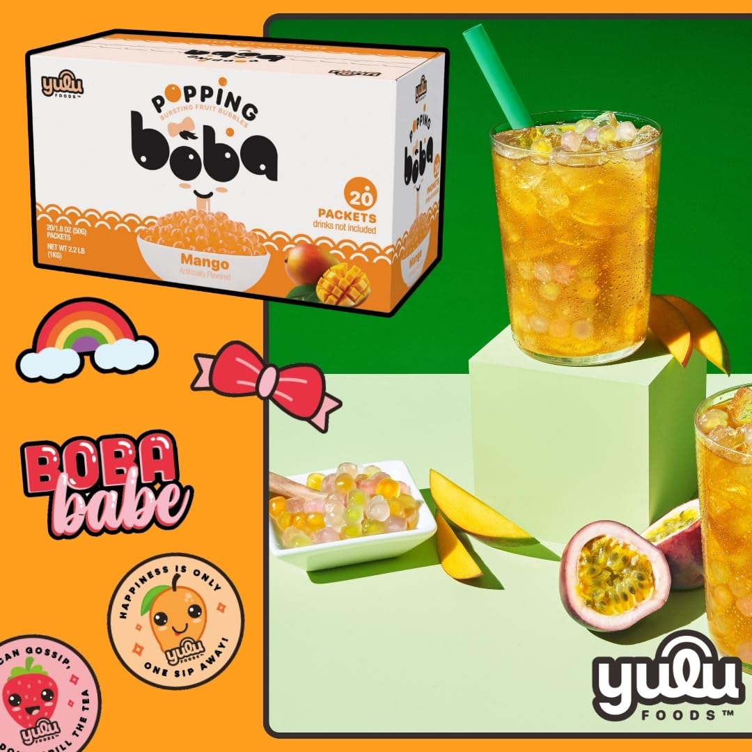 YULU FOODS mango popping boba in a clear bubble tea glass adding visual appeal and flavor