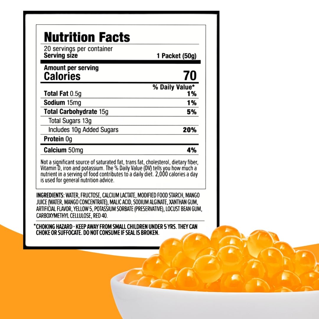 YULU FOODS mango boba next to a spoon showing size and ease of portioning