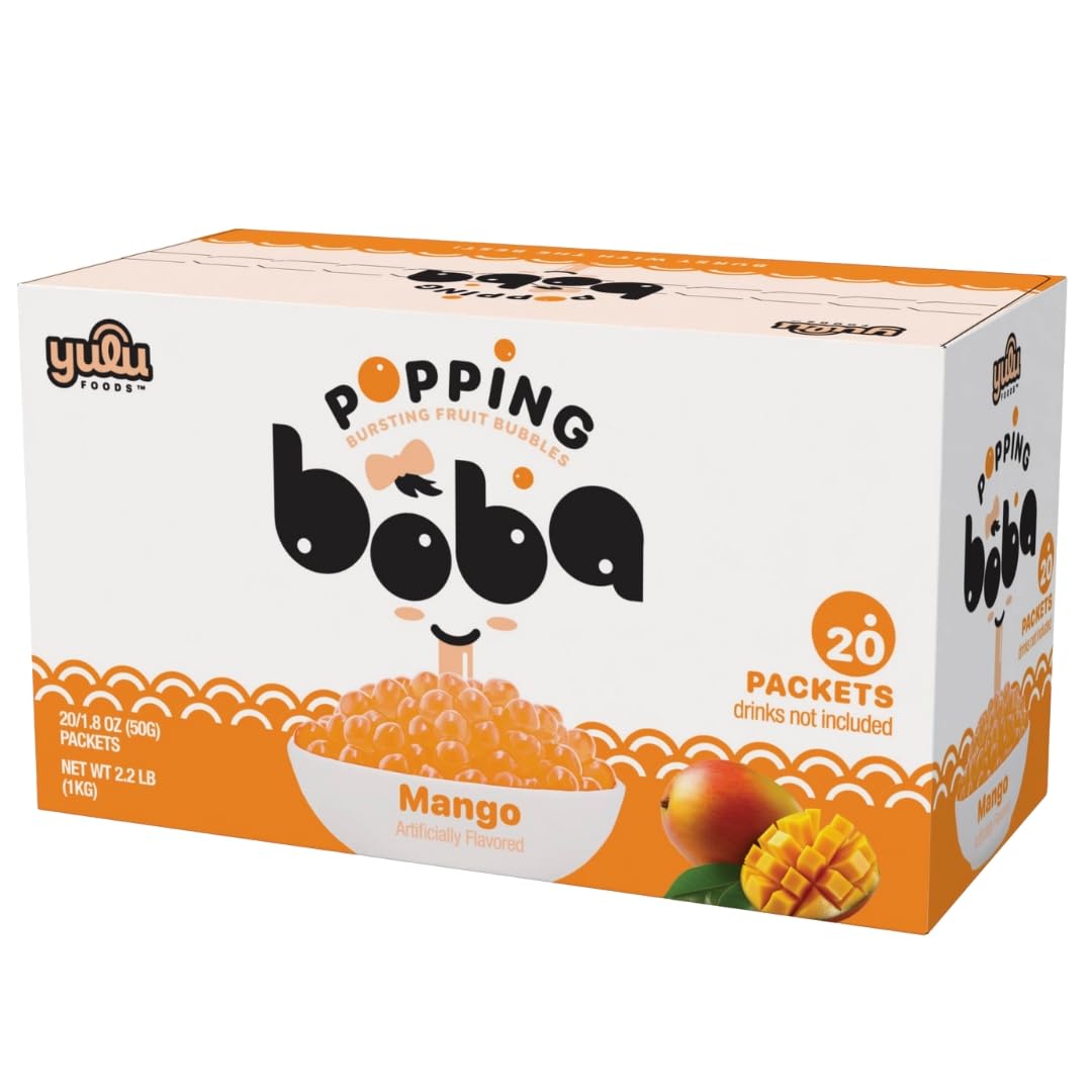 YULU FOODS front packaging of mango popping boba showing brand and 20-pack convenience
