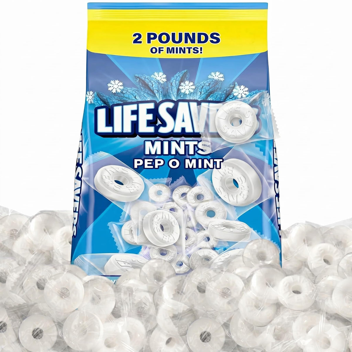 Yum-a-licious LifeSavrs front packaging showing 2 lb bulk convenience and freshness