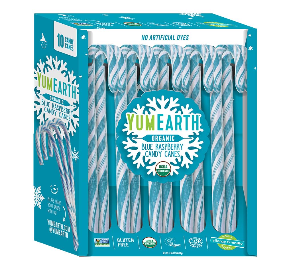 YumEarth front pack showing blue raspberry canes and organic badge benefit