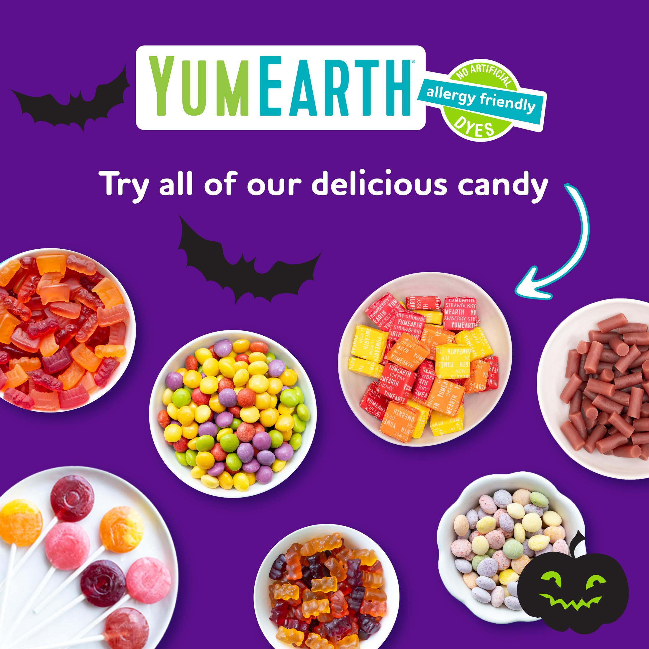 YumEarth bowl display in trick-or-treat setting for festive presentation