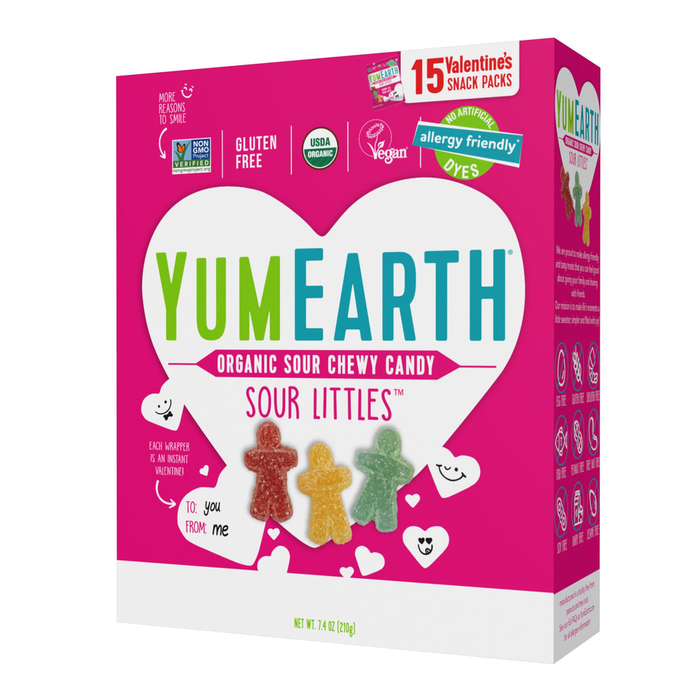 YumEarth front pack showing Valentine Sour Littles for safe sharing