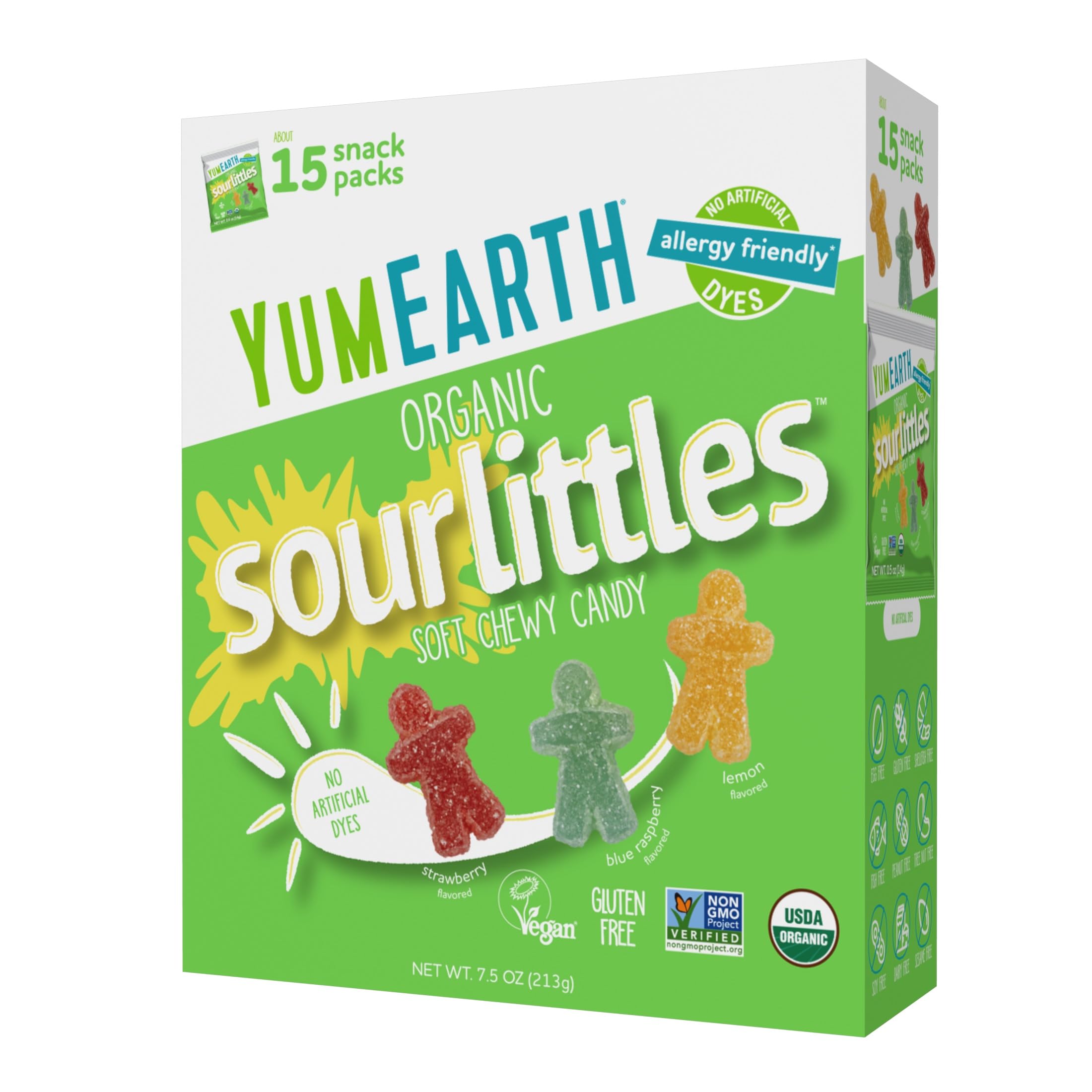 YumEarth front packaging showing box of 15 snack packs and benefits