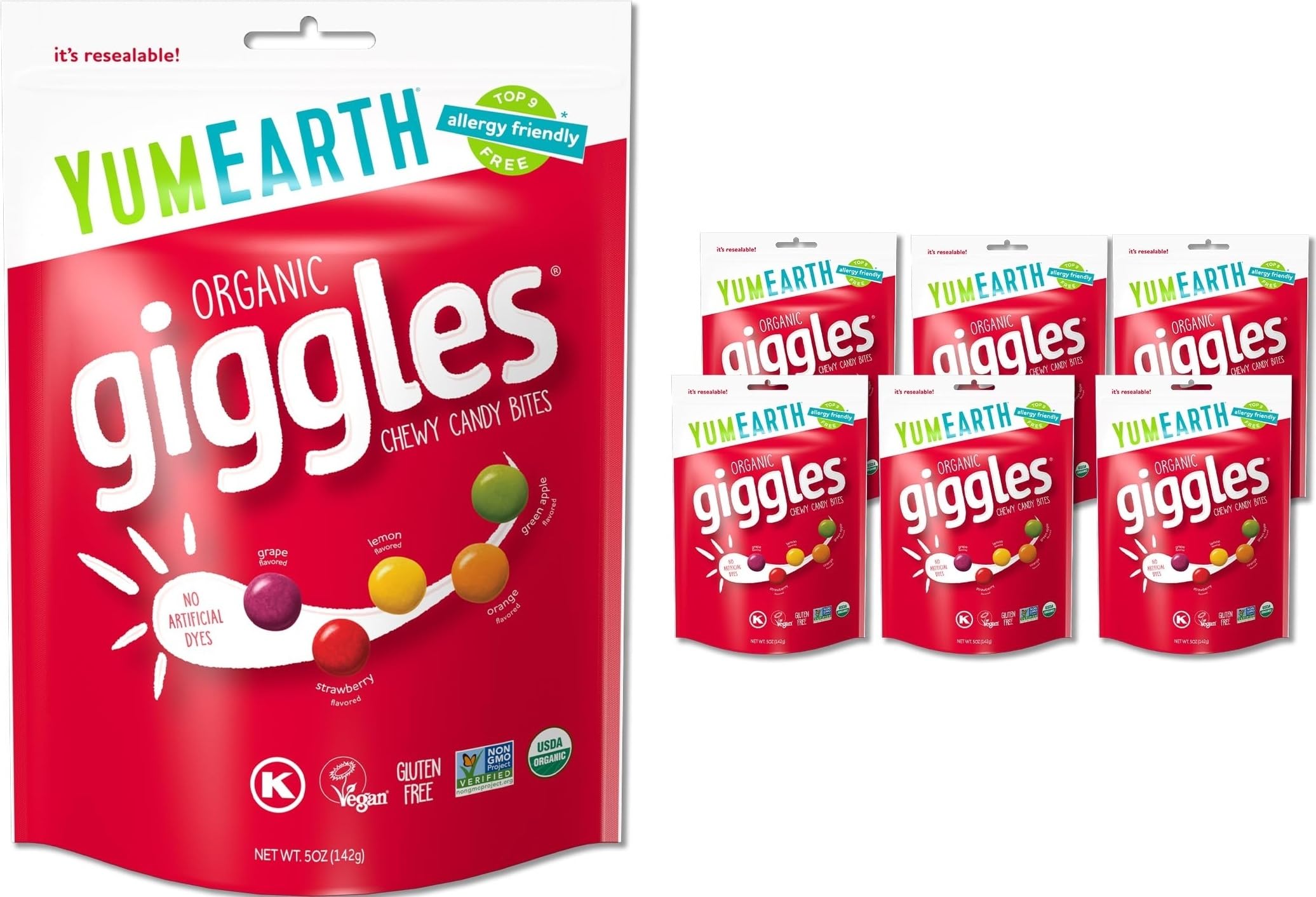 YumEarth front packaging showing 5oz Giggles bag and organic branding benefit