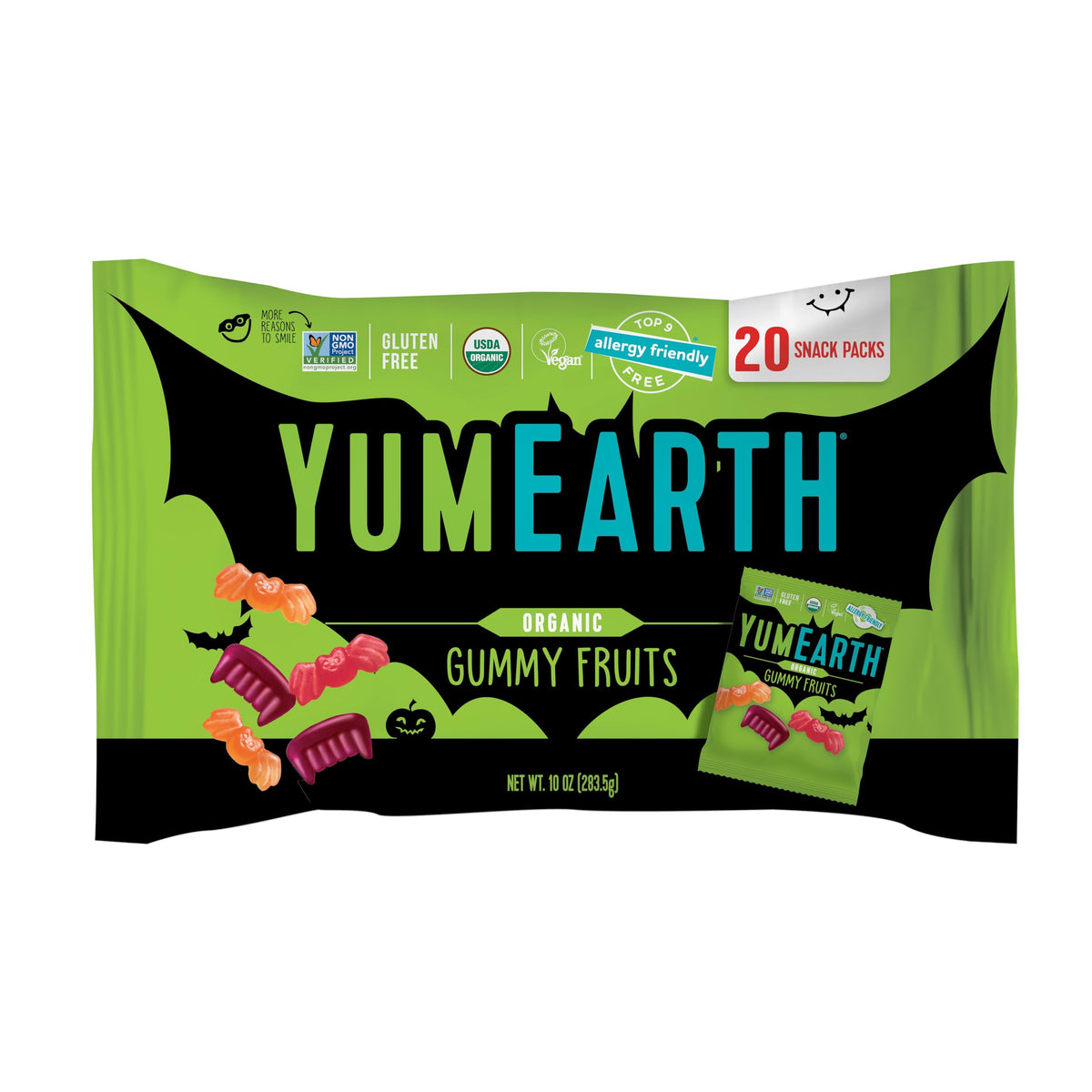 YumEarth front packaging showing Halloween gummy fruits and easy distribution