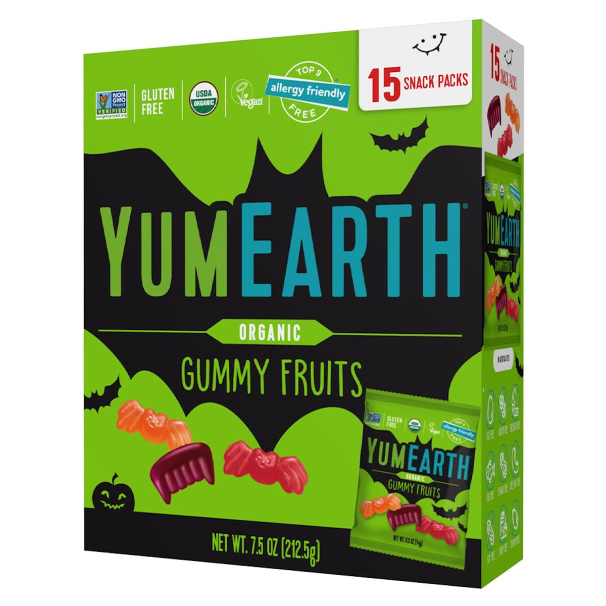 YumEarth front packaging showing Halloween design and organic benefits