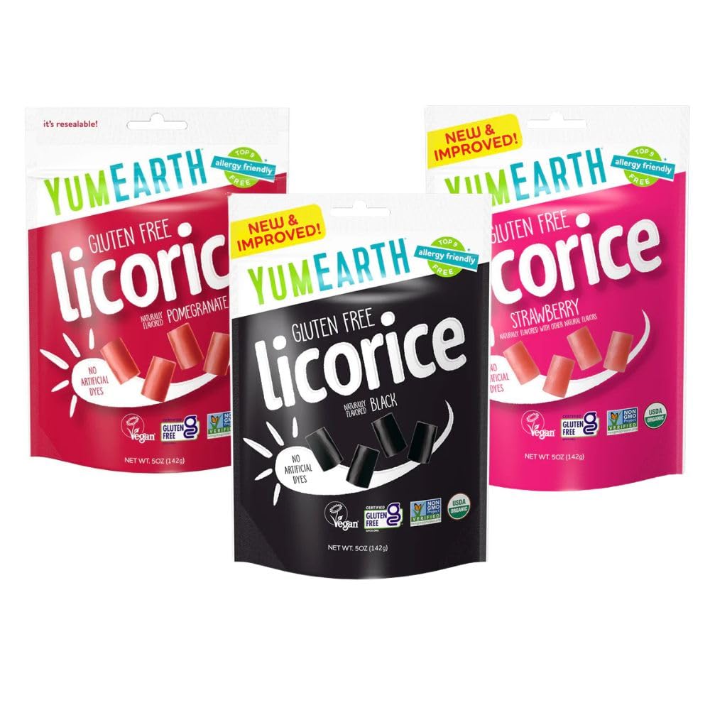 YumEarth front packaging of licorice variety pack showing flavors and labeling benefits
