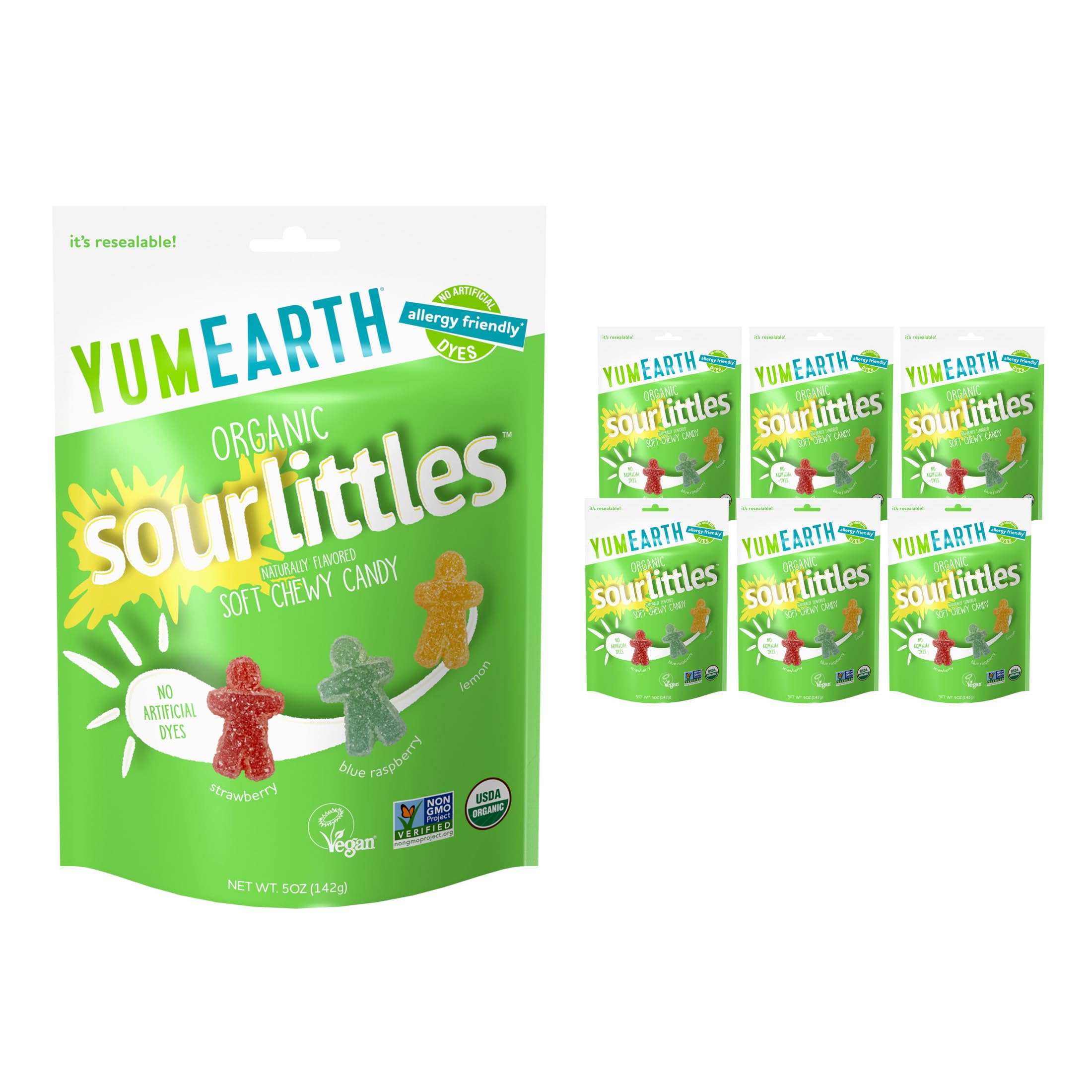 YumEarth front packaging showing resealable 5oz bag and branding benefits