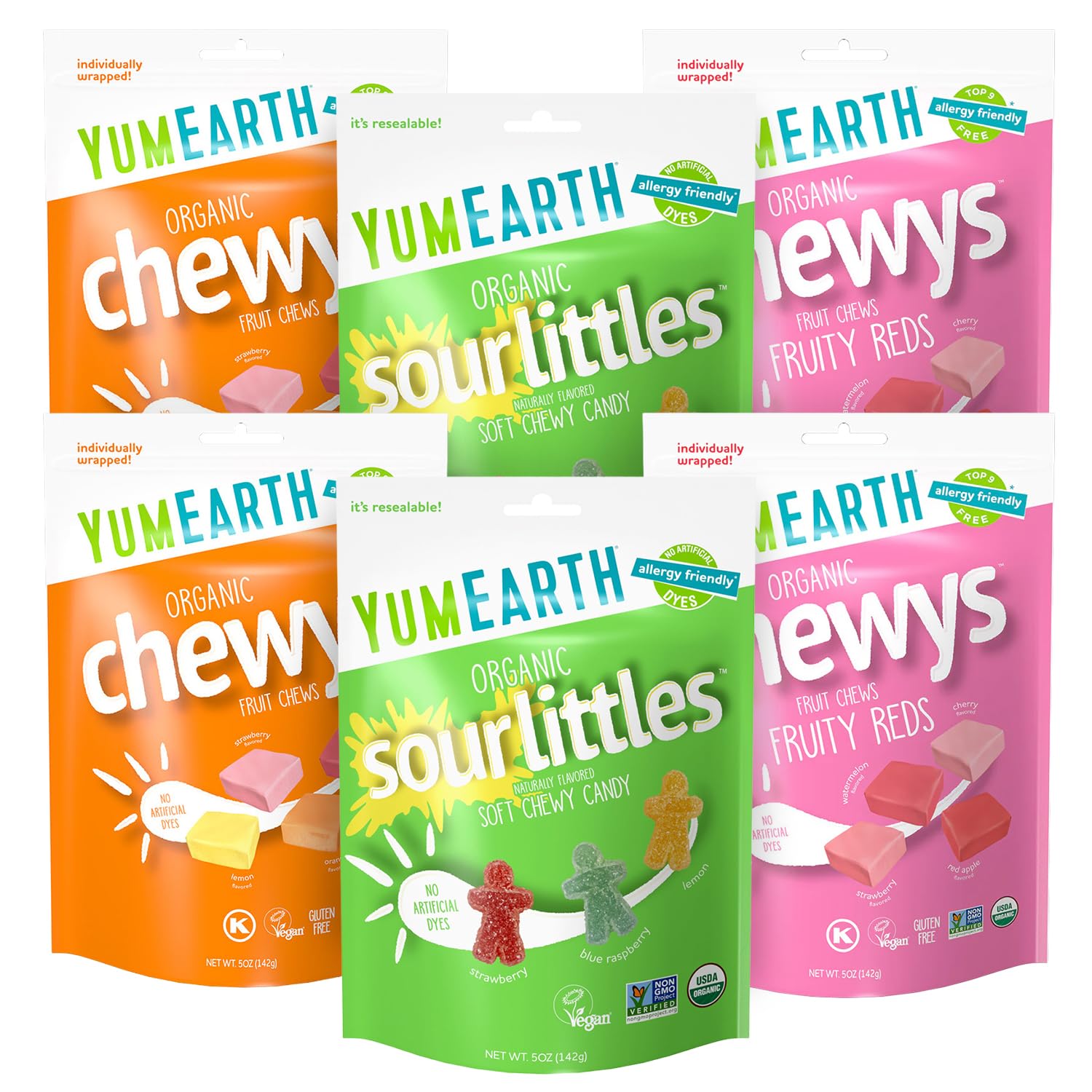 YumEarth front packaging showing variety pack and resealable bag for convenience