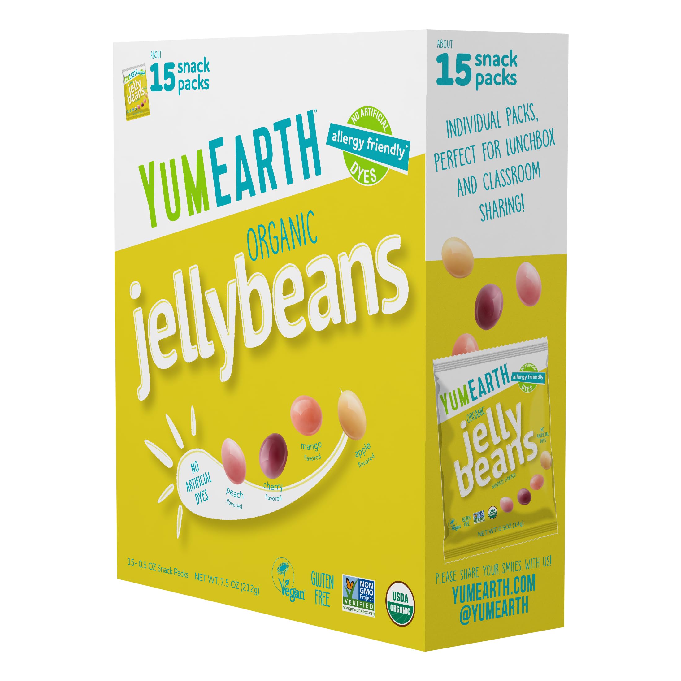 YumEarth front packaging showing organic jelly beans and certifications, clear benefit visible