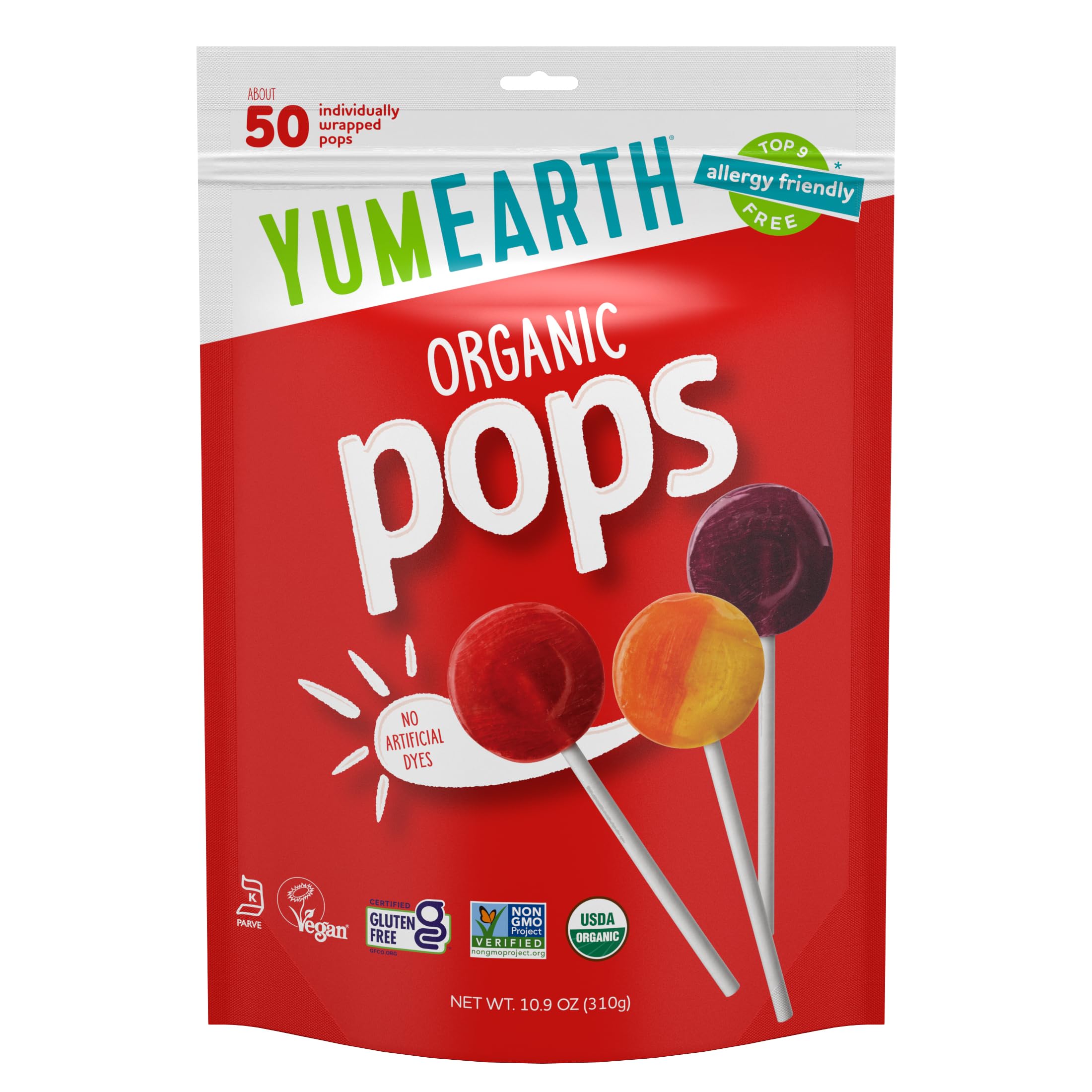 YumEarth front packaging showing 50-count variety pack and allergy-friendly benefit